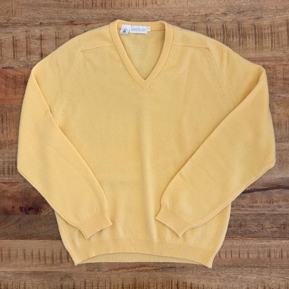 Carson Pierie Scott V-Neck Sweater Mens M 100% Lambswool Vintage England Yellow